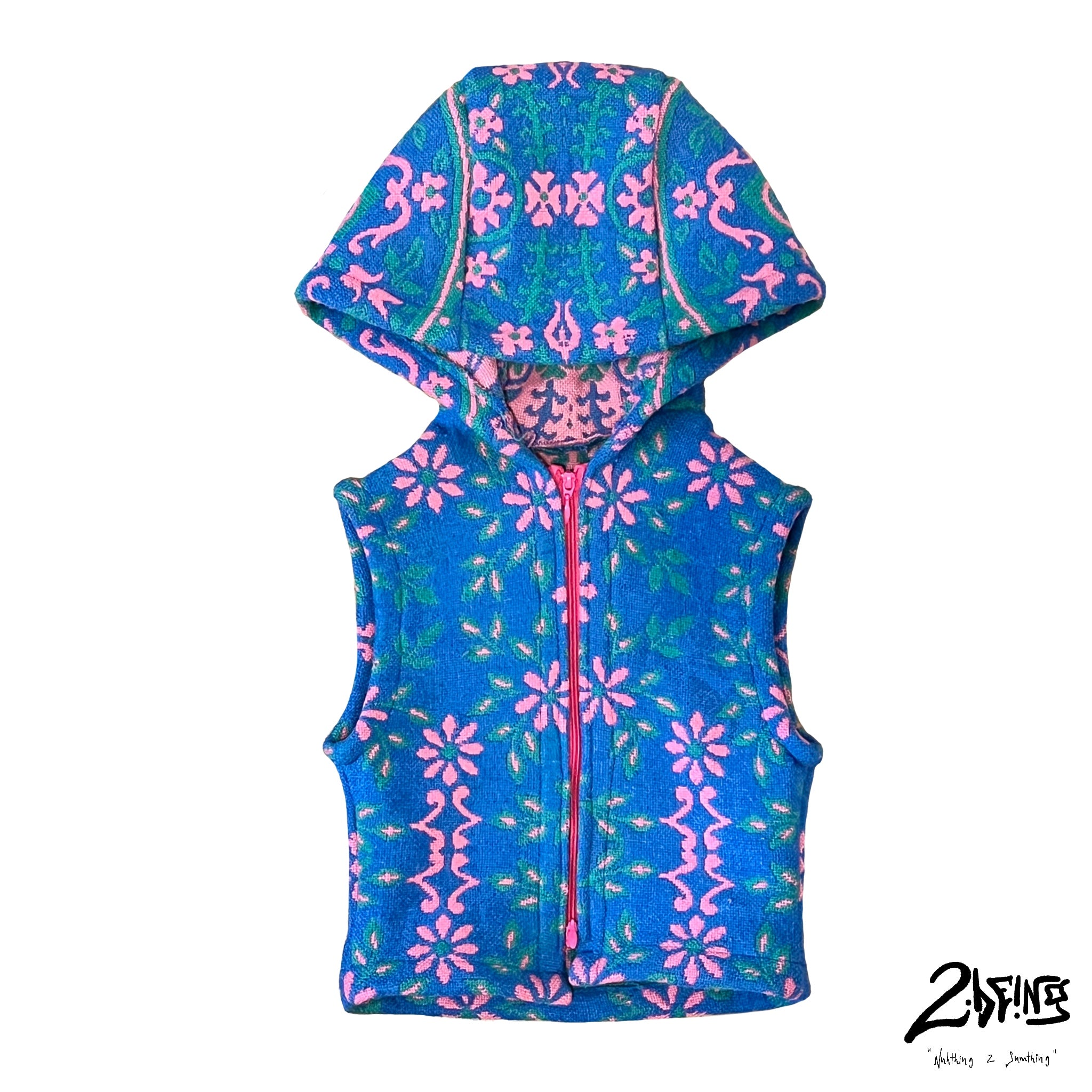 Blue Floral Zip-Up Vest